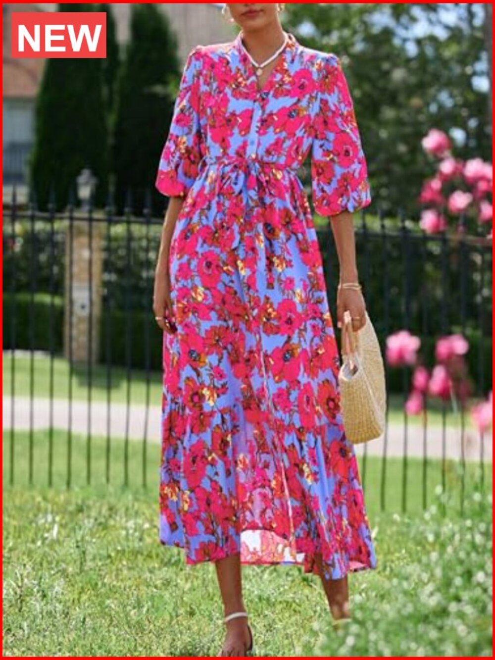 Floral Maxi Dress with V-Neck, Puff Sleeves, Tie Waist, Hidden Pockets - Picture 2 of 7